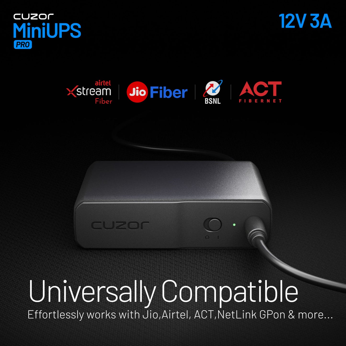 Cuzor Mini Router UPS PRO for 12V up to 3Amp Routers | Up to 8 Hours Backup | 3x2900 mAh batteries